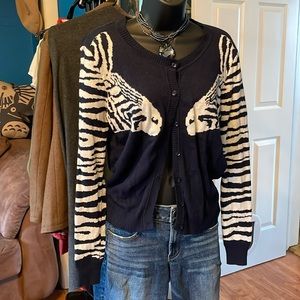 Vintage late 80’s/early 90’s navy blue zebra button up cardigan sweater